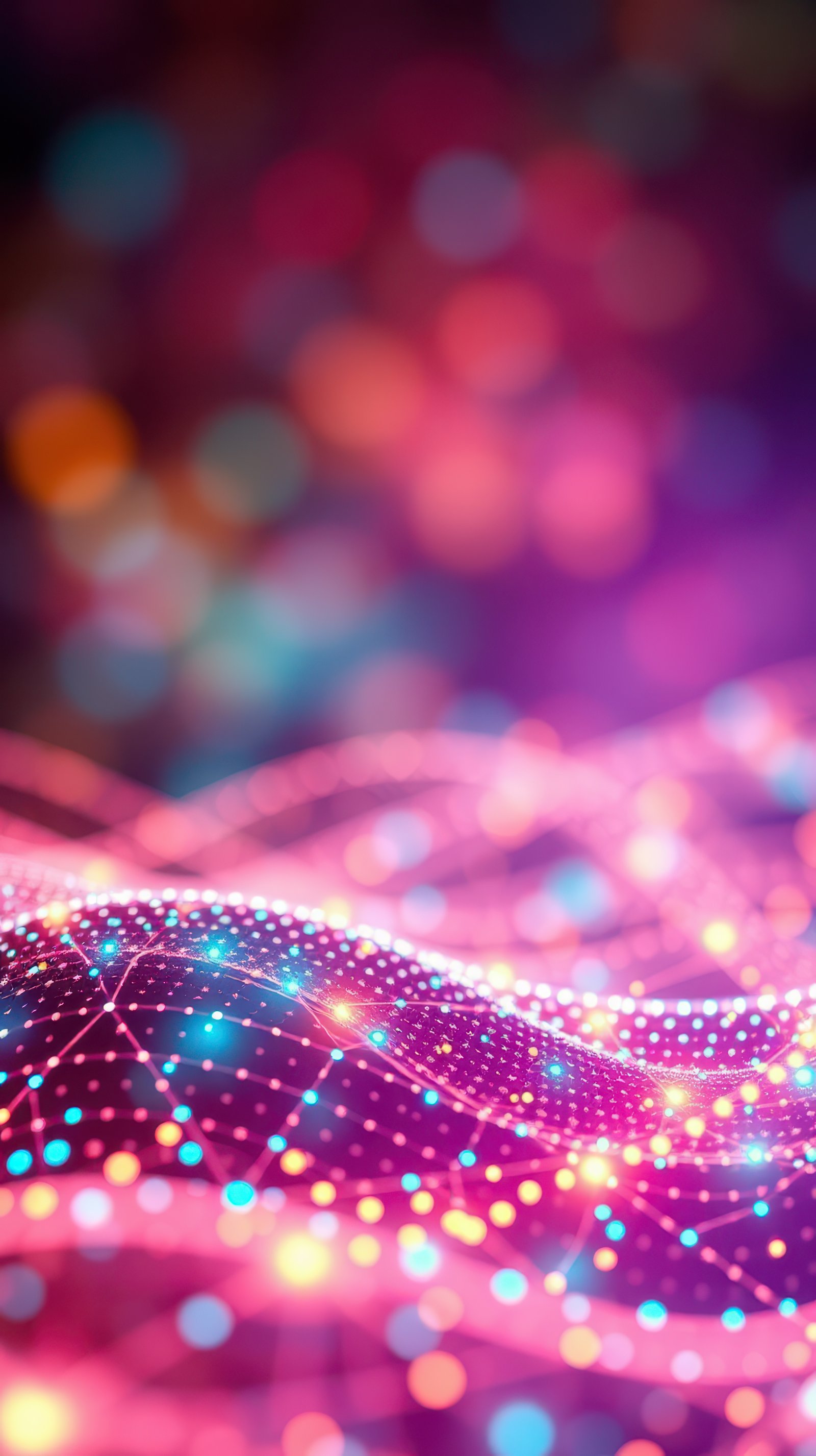 Vibrant abstract waves of colorful lights and digital connections form a mesmerizing display in a futuristic landscape at night